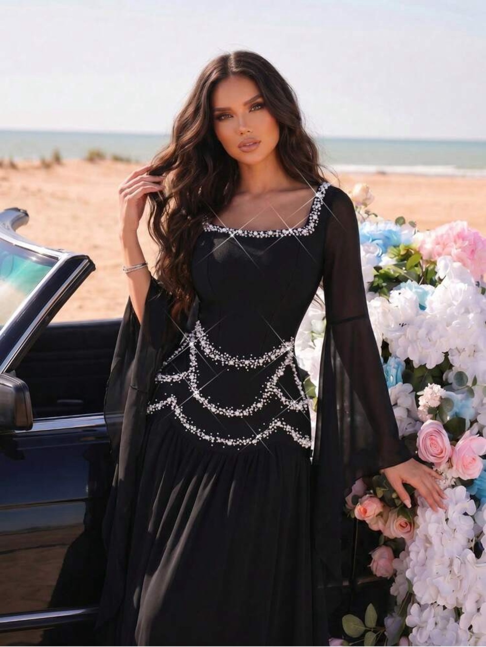 Formal Elegant Lotus Sleeve Pearl Gown L